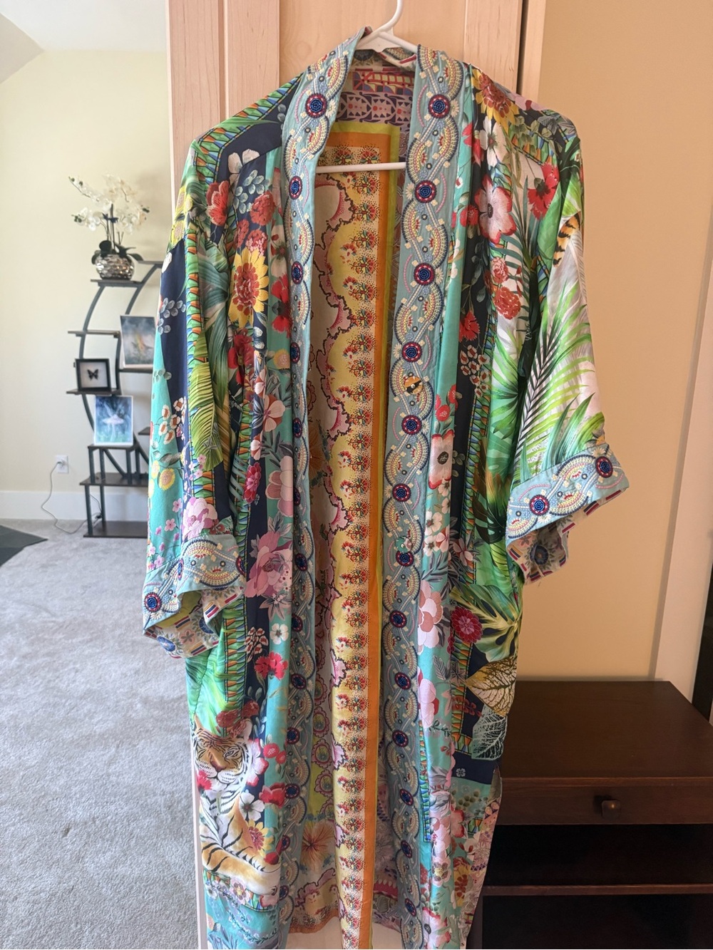 Johnny Was Multicolor Floral Tropical Kimono - Teal, Yellow, Navy
